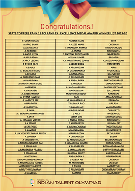 State Toppers Rank 11 to Rank 25 : Excellence Medal Award Winner List 2019-20