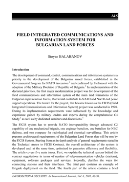 Field Integrated Communications and Information System for Bulgarian Land Forces