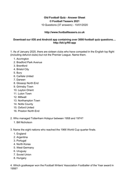 Old Football Quiz - Answer Sheet © Football Teasers 2021 10 Questions (37 Answers) - 10/01/2020