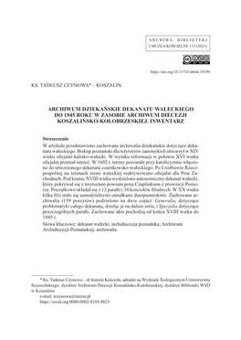 Archiwum Dziekańskie Dekanatu Wałeckiego Do 1945 Roku W Zasobie Archiwum Diecezji Koszalińsko-Kołobrzeskiej
