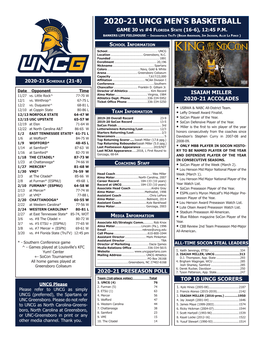 2020-21 UNCG MEN's BASKETBALL GAME 30 Vs #4 Florida State (16-6), 12:45 P.M