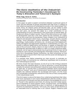 The Sonic Aesthetics of the Industrial: Re-Constructing Yesterday's Soundscape for Today's Alienation and Tomorrow’S Dystopia