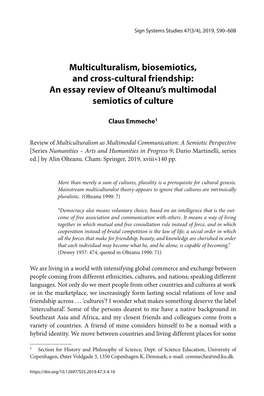 Multiculturalism, Biosemiotics, and Cross-Cultural Friendship: an Essay Review of Olteanu’S Multimodal Semiotics of Culture