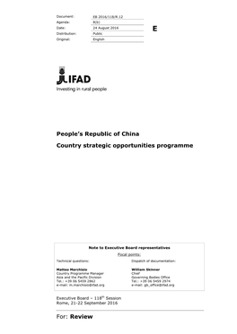 China Country Strategic Opportunities Programme (COSOP) 2016-2020 Aims to Redefine IFAD’S Engagement in China in Light of the Changing