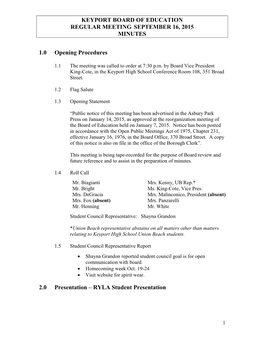 Keyport Board of Education Regular Meeting September 16, 2015 Minutes