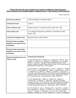 Ficha Del Docente Que Conforma El Cuerpo Académico Del Programa DOCTORADO EN ECOSISTEMAS FORESTALES Y RECURSOS NATURALES � Fecha : 02-05-2017