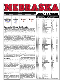 2007 Softball Contact: Matt Smith E-Mail: Msmith@Huskers.Com Office: (402) 472-7780 Cell: (402) 770-5926 Date Opponent/Tournament Time/Result Record South Dakota St