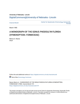 A Monograph of the Genus Pheidole in Florida (Hymenoptera: Formicidae)