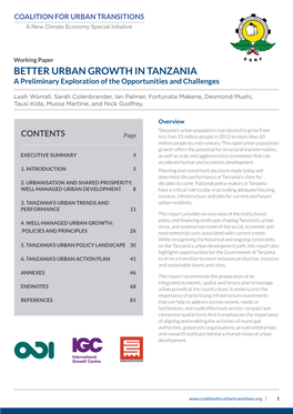 BETTER URBAN GROWTH in TANZANIA a Preliminary Exploration of the Opportunities and Challenges