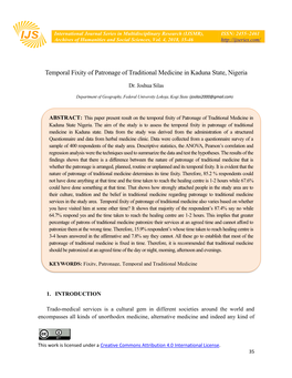 Temporal Fixity of Patronage of Traditional Medicine in Kaduna State, Nigeria