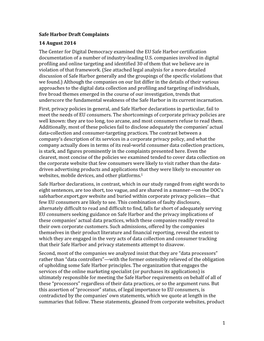 Complaints 14 August 2014 the Center for Digital Democracy Examined the EU Safe Harbor Certification Documentation of a Number of Industry-Leading U.S