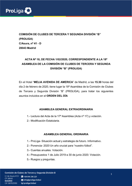 COMISIÓN DE CLUBES DE TERCERA Y SEGUNDA DIVISIÓN “B” (PROLIGA) C/Asura, Nº 41 - D 28043 Madrid