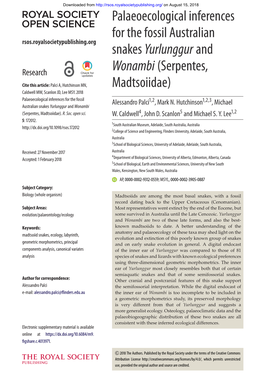 Palaeoecological Inferences for the Fossil Australian Rsos.Royalsocietypublishing.Org Snakes Yurlunggur And