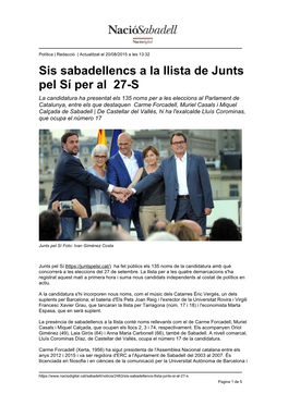 Sis Sabadellencs a La Llista De Junts Pel Sí Per Al 27-S