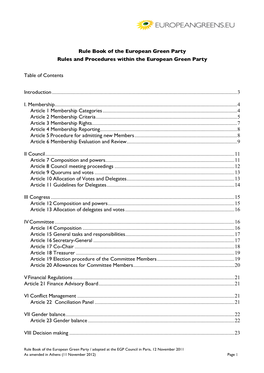 Rule Book of the European Green Party Rules and Procedures Within the European Green Party