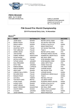 FIM Grand Prix World Championship 2019 Provisional Entry Lists, 16 November