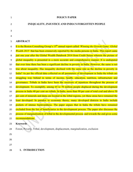 POLICY PAPER INEQUALITY, INJUSTICE and INDIA's FORGOTTEN PEOPLE ABSTRACT It Is the Boston Consulting Group's 15 Annual Repor