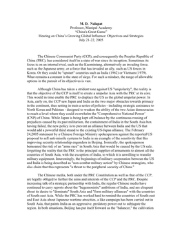 China's Great Game” Hearing on China’S Growing Global Influence: Objectives and Strategies July 21-22, 2005