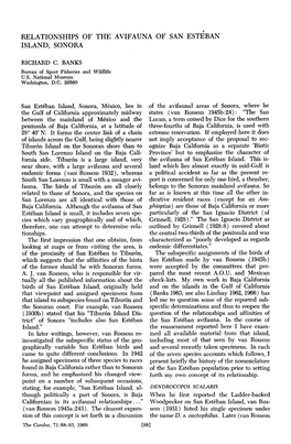 Relationship of the Avifauna of San Esteban Island, Sonora