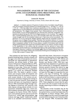 Phylogenetic Analysis of the Cuculidae (Aves, Cuculiformes) Using Behavioral and Ecological Characters