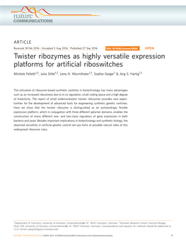 Twister Ribozymes As Highly Versatile Expression Platforms for Artiﬁcial Riboswitches