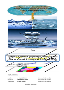 Système D'information Géographique Pour La Gestion De L'eau Au Niveau De La Commune De La Wilaya De M’Sila