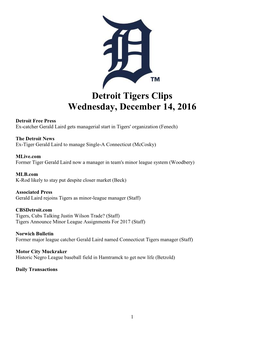 Detroit Tigers Clips Wednesday, December 14, 2016