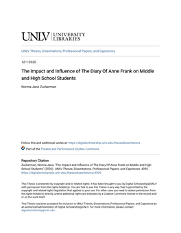 The Impact and Influence of the Diary of Anne Frank on Middle and High School Students