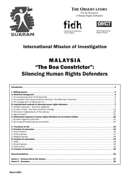 MALAYSIA “The Boa Constrictor”: Silencing Human Rights Defenders