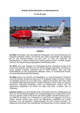Globaler Airline-Newsletter Von Berlinspotter.De 21. Bis 26. April