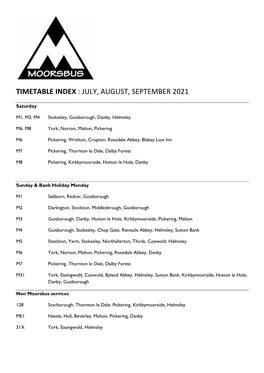 Timetable Index : July, August, September 2021