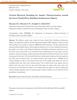 Vertical Electrical Sounding for Aquifer Characterization Around the Lower Orashi River Sub-Basin Southeastern Nigeria