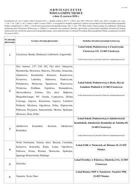 OBWIESZCZENIE WÓJTA GMINY NIEMCE Z Dnia 12 Czerwca 2020 R