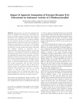 Impact of Apparent Antagonism of Estrogen Receptor Β by Fulvestrant on Anticancer Activity of 2-Methoxyestradiol