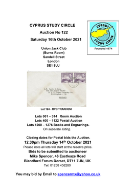 CYPRUS STUDY CIRCLE Auction No 122 Saturday 16Th October 2021
