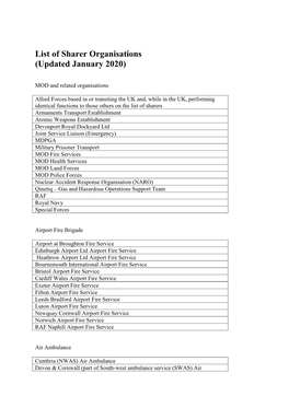 List of Sharer Organisations (Updated January 2020)