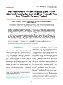 Molecular Phylogenetics of Centrocestus Formosanus (Digenea: Heterophyidae) Originated from Freshwater Fish from Chiang Mai Province, Thailand