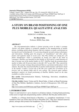 A Study on Brand Positioning of One Plus Mobiles: Qualitative Analysis