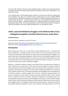 Chiefs, Land and Distributive Struggles on the Platinum Belt: a Case of Bakgatla-Ba-Kgafela in the North West Province, South Africa