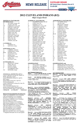 2012 CLEVELAND INDIANS (8/2) Major League Roster