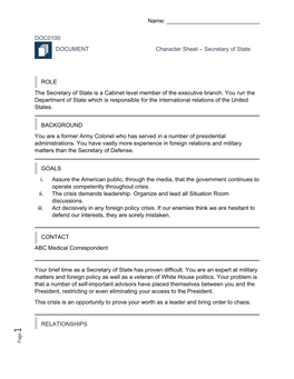 DOC0100 DOCUMENT Character Sheet – Secretary of State ROLE