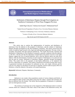 Settlement of Inheritance Dispute Through Non Litigation on Sumbawa Community of West Nusa Tenggara Province