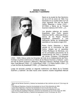 MANUEL PABLO OLAECHEA Y GUERRERO Nació En La Ciudad De San Gerónimo De Ica El 25 De Enero De 1842. Fue Bautizado En Su Ciudad