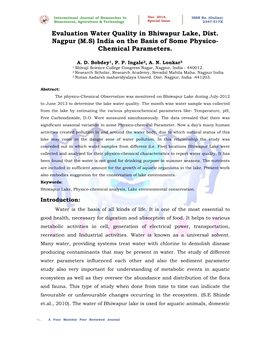 Evaluation Water Quality in Bhiwapur Lake, Dist. Nagpur (M.S) India on the Basis of Some Physico- Chemical Parameters