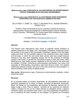 Melanosuchus Niger (CROCODYLIA: ALLIGATORIDAE) AS OPPORTUNISTIC TURTLE CONSUMER in ITS NATURAL ENVIRONMENT