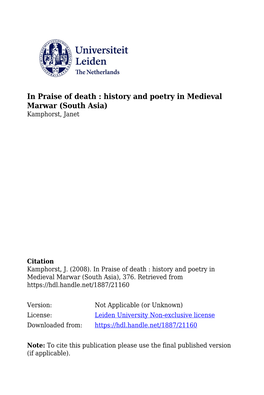 In Praise of Death : History and Poetry in Medieval Marwar (South Asia) Kamphorst, Janet
