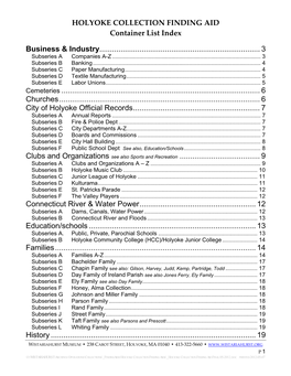 HOLYOKE COLLECTION FINDING AID Container List Index