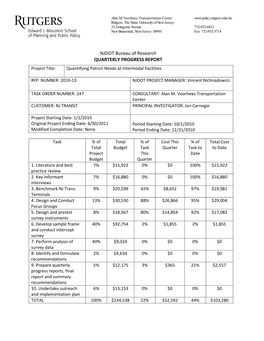 NJDOT Bureau of Research QUARTERLY PROGRESS REPORT Project Title: Quantifying Patron Needs at Intermodal Facilities