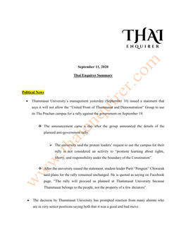 September 11, 2020 Thai Enquirer Summary Political News