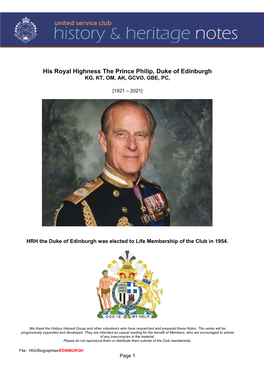 His Royal Highness the Prince Philip, Duke of Edinburgh KG, KT, OM, AK, GCVO, GBE, PC